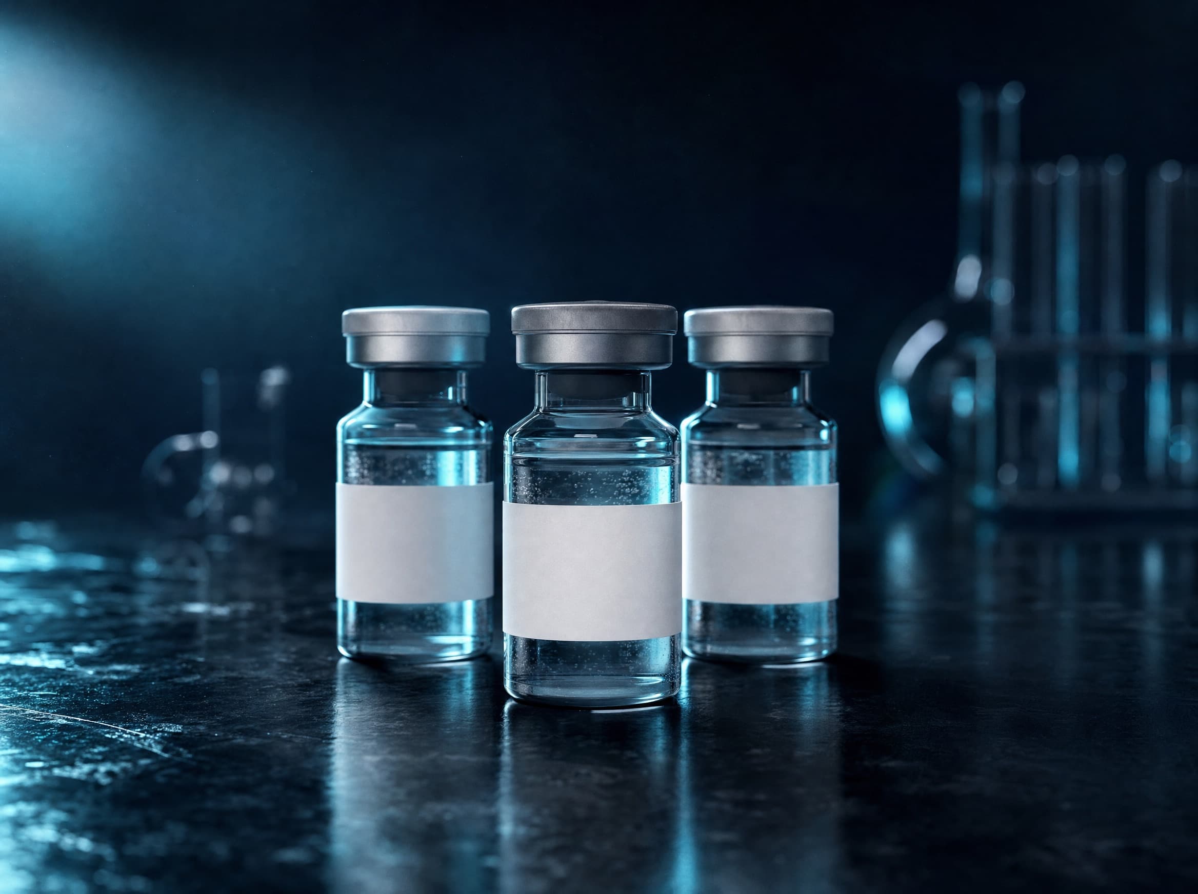 Three clear glass vials with blank labels on a dark, reflective laboratory bench.