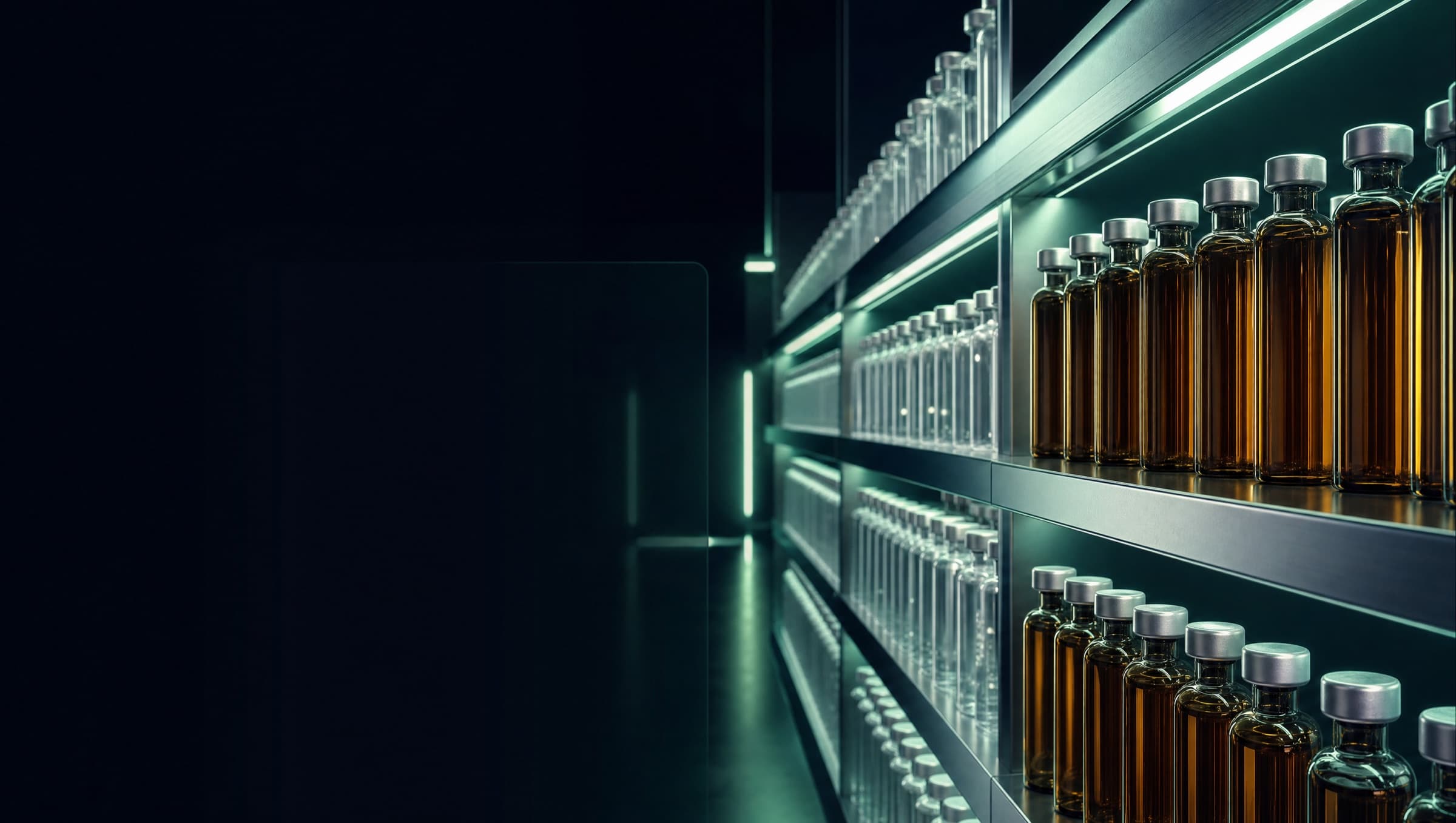 Rows of unlabeled amber glass vials with silver caps on lit laboratory shelving.