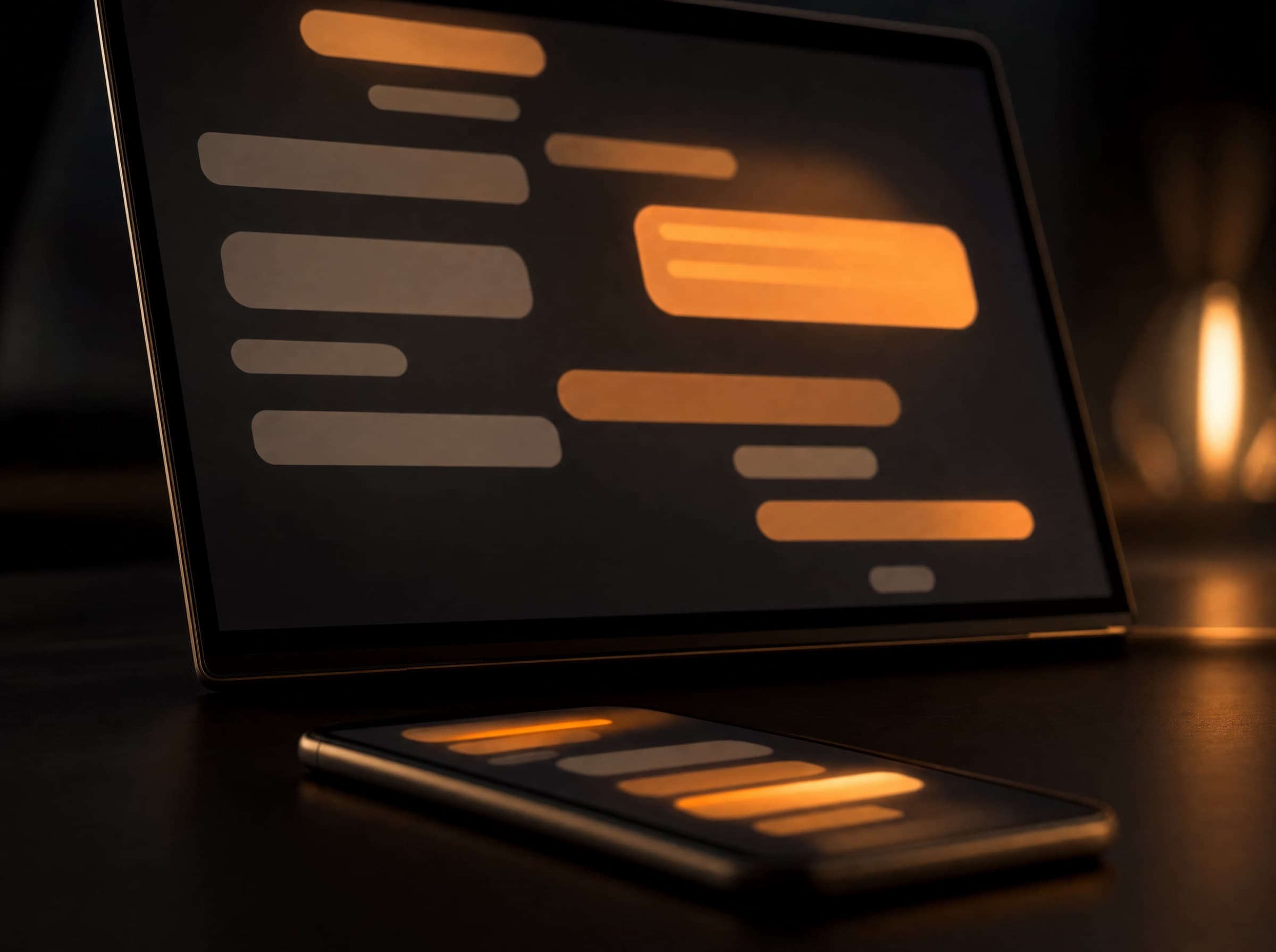 A laptop and a phone on a dark desk, both screens glowing with amber chat bubbles.